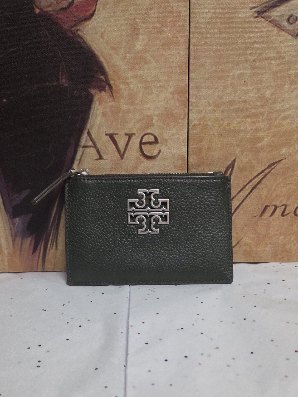 Tory Burch Forest Green Pebbled Leather Zip Card Pouch